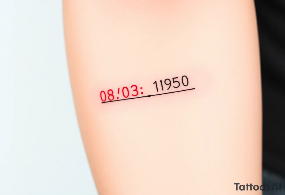“Quero uma tatuagem no antebraço, simples e pequena. Deve ter a data de nascimento do meu avô 08/03/1950 escrita em vermelho, seguida de um traço reto e, à frente, o símbolo de infinito em preto. O design deve ser minimalista, com letras elegantes e proporcionais, mantendo um aspeto discreto.” tattoo idea