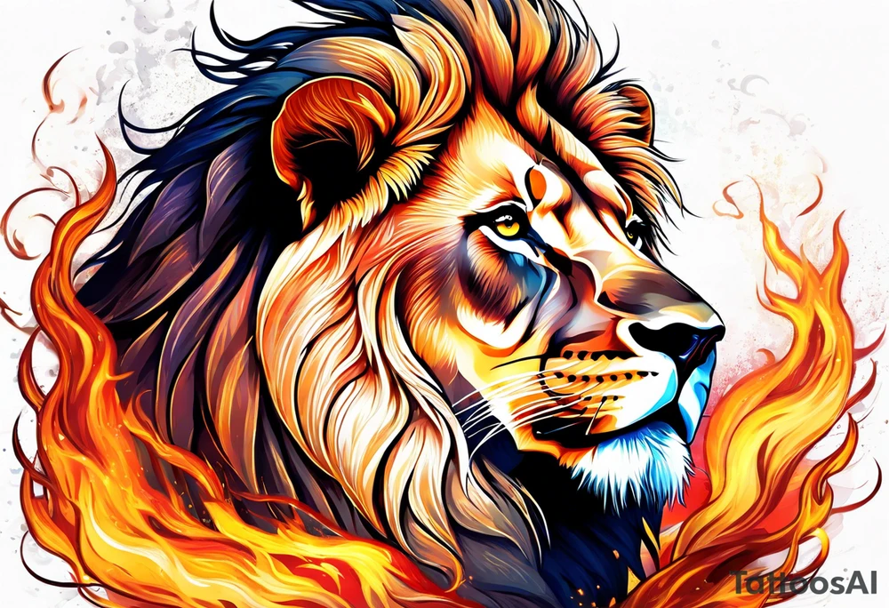 A lion surrounded by fire in full color tattoo idea