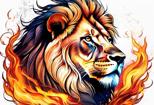 A lion surrounded by fire in full color tattoo idea