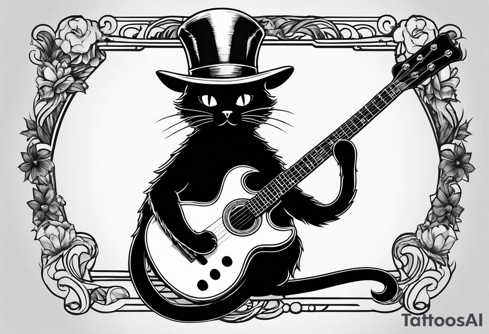 black cat funny hat holding a guitar tattoo idea