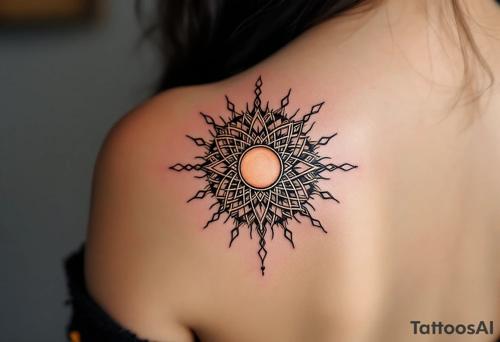 The soft blending of rose gold and black in this Celtic sun creates a feminine and fierce energy. tattoo idea