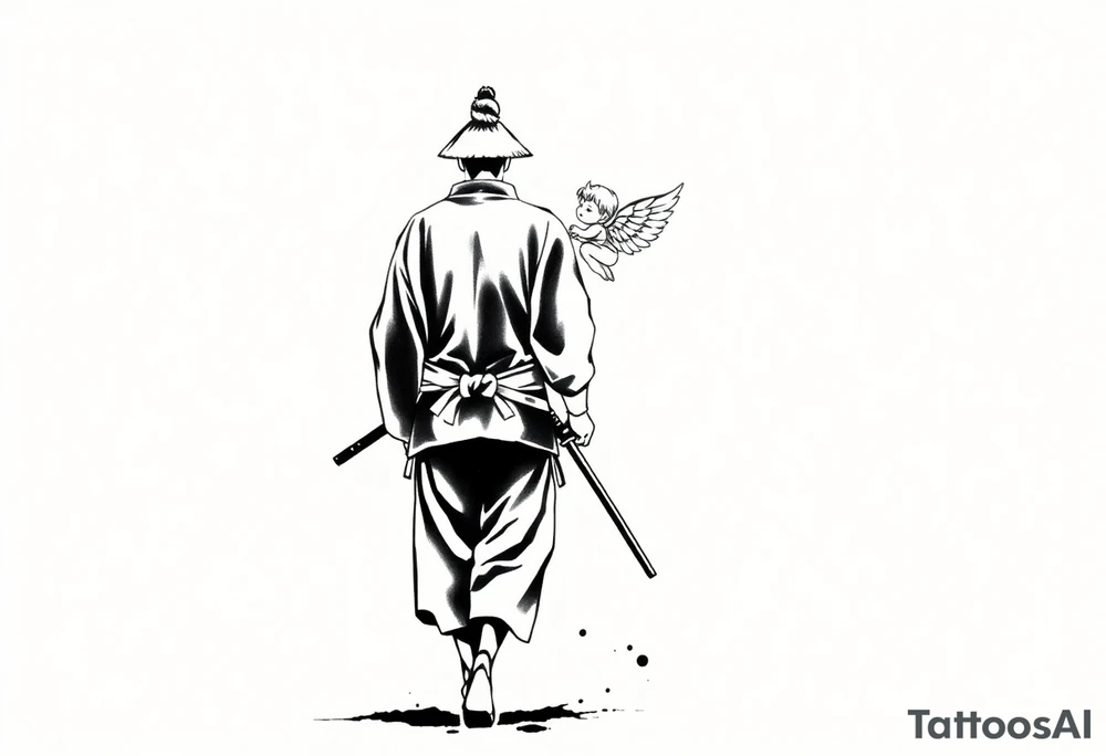 "Blackwork tattoo illustration of a samurai walking away, seen from behind. He wears traditional kimono and hakama with a tied belt, holding two katanas loosely in his hands. A small child angel with detailed feathered wings sits on his shoulder, looking gently toward him. Strong contrast, sumi-e ink splashes, dynamic black brush strokes, minimal background, emotional and symbolic atmosphere, high-detail linework, clean white space." tattoo idea