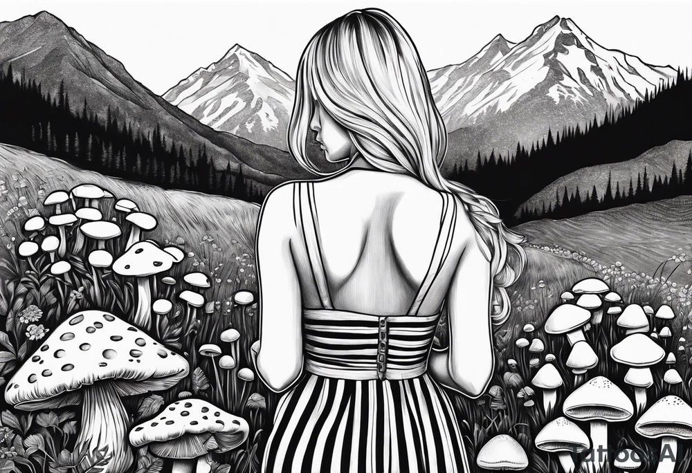 Straight blonde hair girl holding mushrooms in hand facing away toward mountains surrounded by mushrooms circular design black and white striped dress tattoo idea