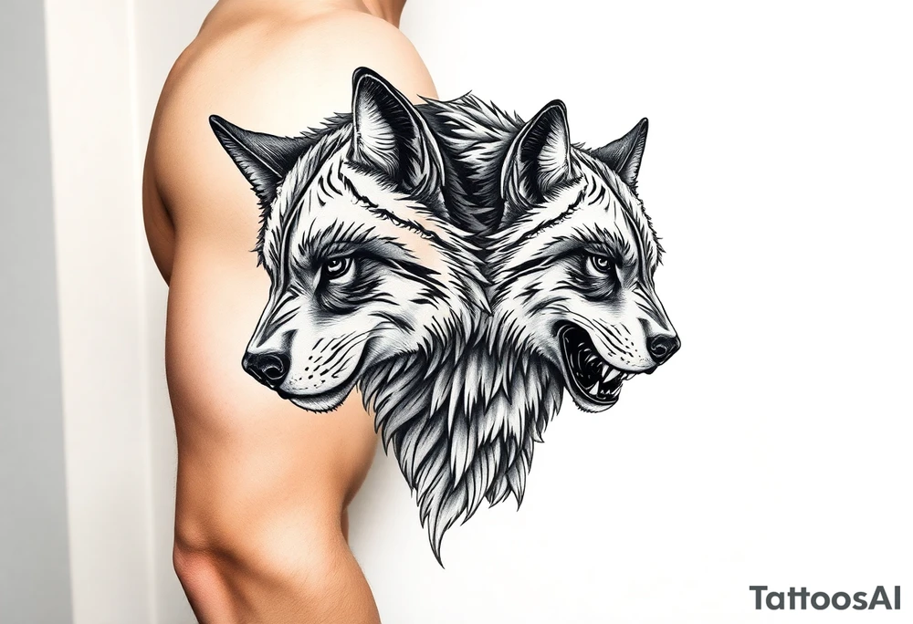 Powerful and majestic wolfs with stripes tattoo idea