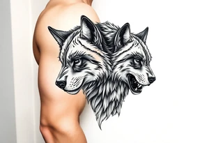 Powerful and majestic wolfs with stripes tattoo idea