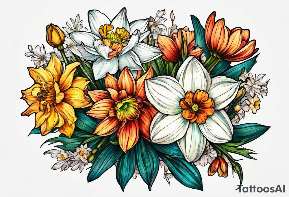 Narcissus, Chrysanthemum, Cosmos, snow drop that shows all the flower stems in a bouquet for the back of the arm. tattoo idea
