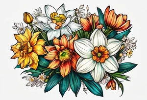 Narcissus, Chrysanthemum, Cosmos, snow drop that shows all the flower stems in a bouquet for the back of the arm. tattoo idea