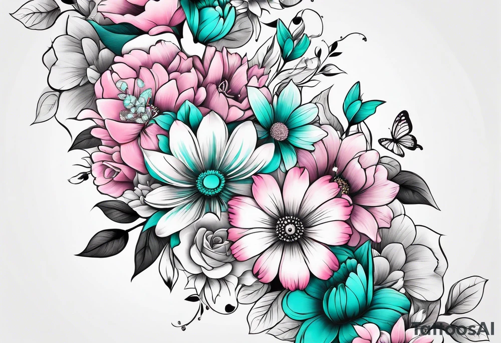 Female arm sleeve with pink, white, and teal flowers and butterflies tattoo idea