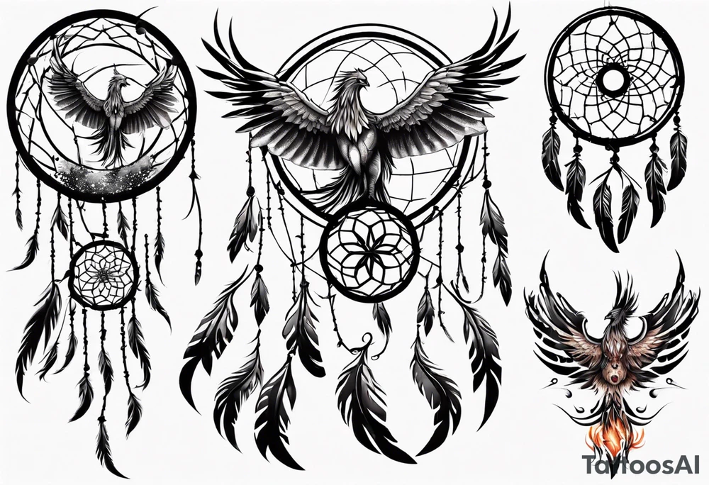 Fire Phoenix flying dream catcher tattoo idea