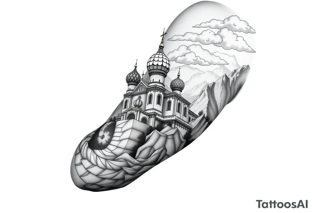 russian orthodox christian left arm tattoo with st basils cathederal in a mountainous setting with clouds with a russian coat of arms tattoo idea