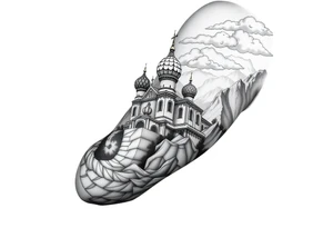 russian orthodox christian left arm tattoo with st basils cathederal in a mountainous setting with clouds with a russian coat of arms tattoo idea