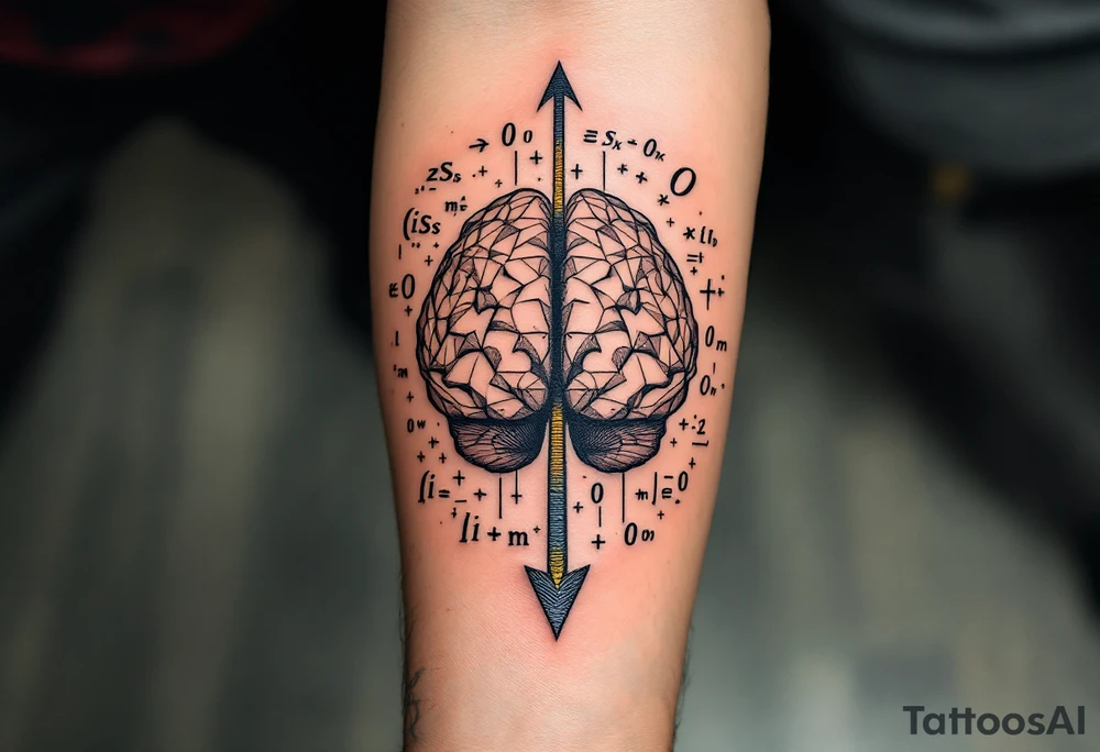 A front-seen brain in geometric and straight lines, math symbols arround. A detailed arrow crosses from below and exit from the top, with its tip desintegrating to represent entropy. Around of the main tattoo, math and physics formulas fill the space, including the formula "ΔS ≥ 0" and the formula "(iδ + m) Φ = 0" tattoo idea