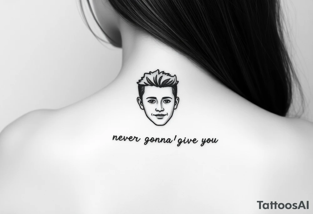 Young Rick Astley Face and Never Gonna Give You Up text tattoo idea