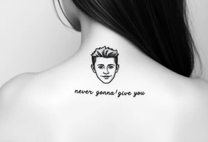 Young Rick Astley Face and Never Gonna Give You Up text tattoo idea