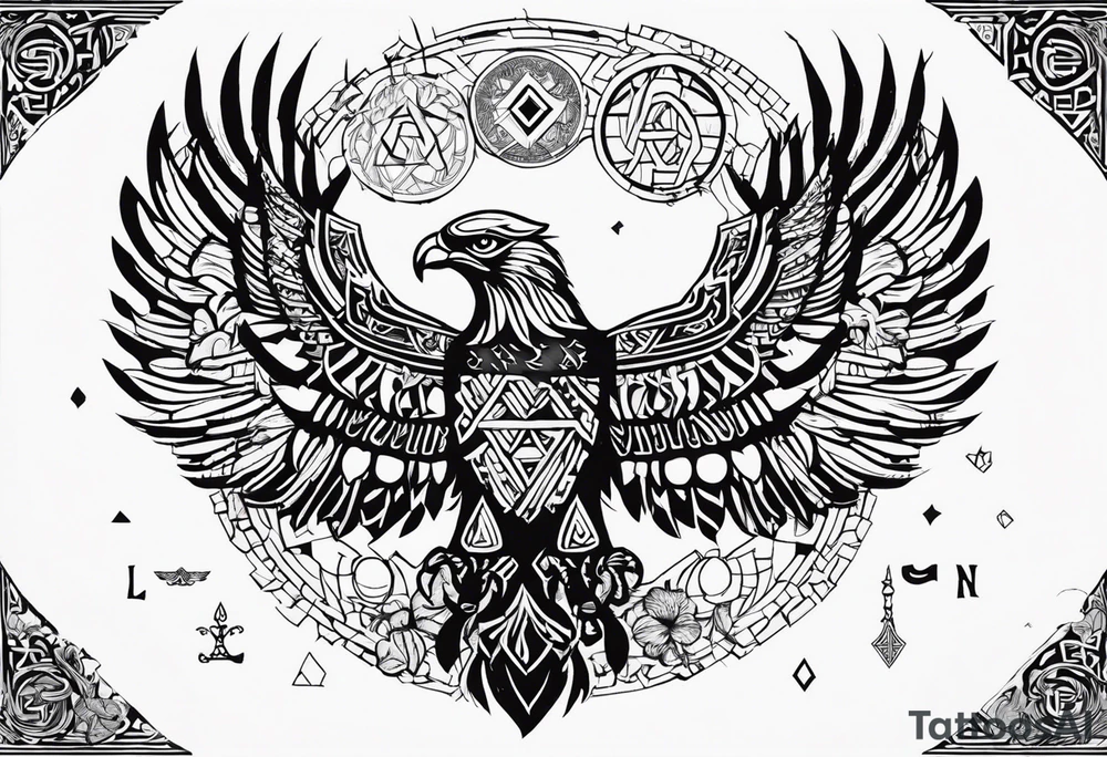 Polish eagle surrounded by viking runes sitting on the tree of life, scattered random geometric shapes and ancient artifacts, include Bruce Springsteens simply the best song it will be a long sleeve tattoo tattoo idea