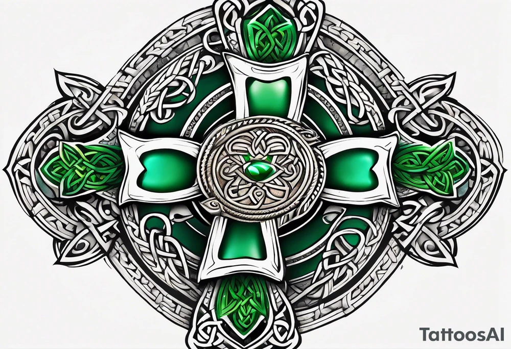 Celtic cross, shamrock in center, one Indian feather hanging from each side arm of cross tattoo idea