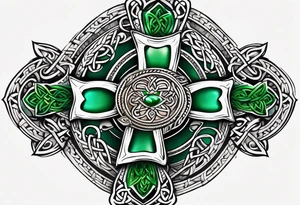 Celtic cross, shamrock in center, one Indian feather hanging from each side arm of cross tattoo idea