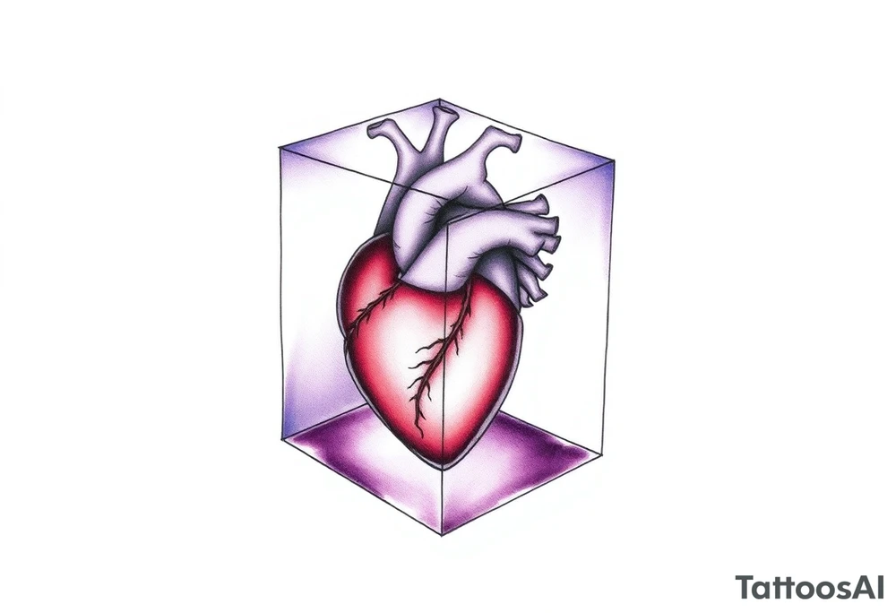 A translucent purple cube with an anatomical heart inside tattoo idea