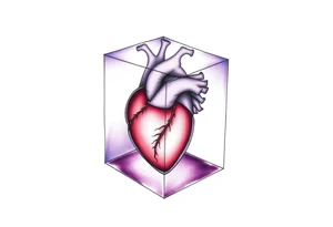 A translucent purple cube with an anatomical heart inside tattoo idea