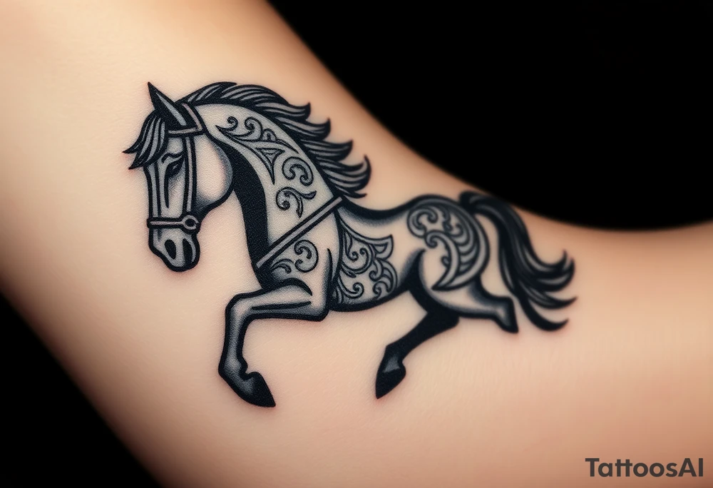 a knight of chess piece. The knight piece is depicted in motion, slightly tilted forward as if it's charging or coming out of the shadows. The knight’s face is detailed but with a focus on the horse's strong features: its mane flowing in the wind, and the body etched with intricate details to represent strength and agility. The knight is emerging from a shadow, with the front part of the body illuminated in soft, warm light. The shadowed portions near the back and tail create a mystical aura. tattoo idea