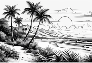 beach landscape on upper arm with palm trees tattoo idea
