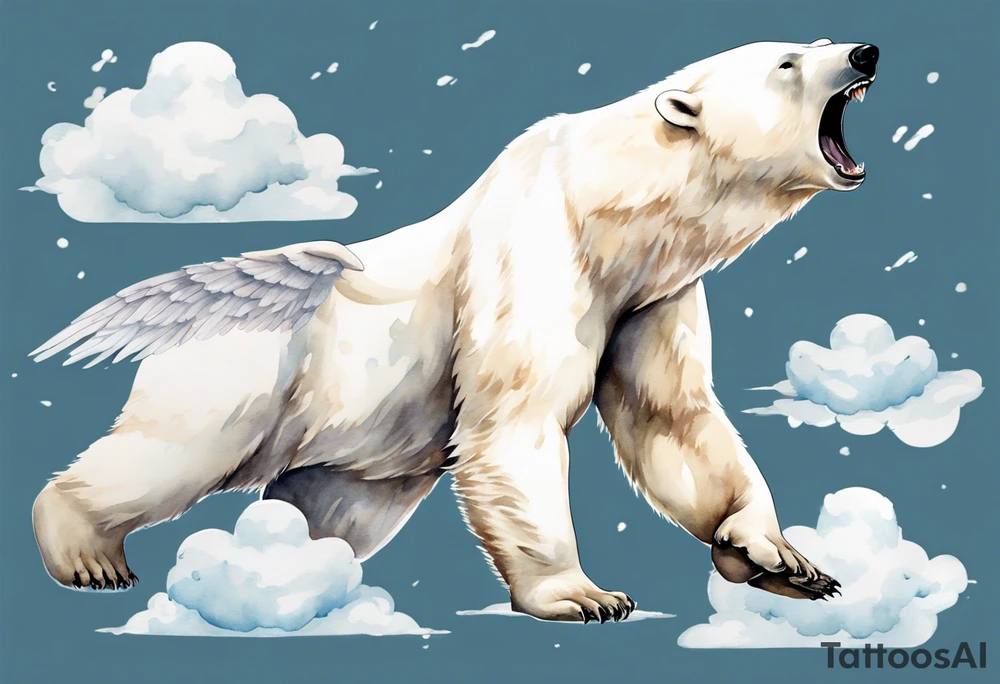 a polar bear with wings, standing on clouds blowing wind from his mouth tattoo idea