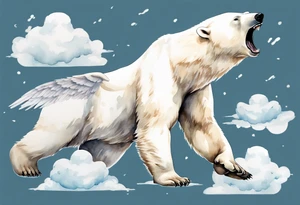 a polar bear with wings, standing on clouds blowing wind from his mouth tattoo idea