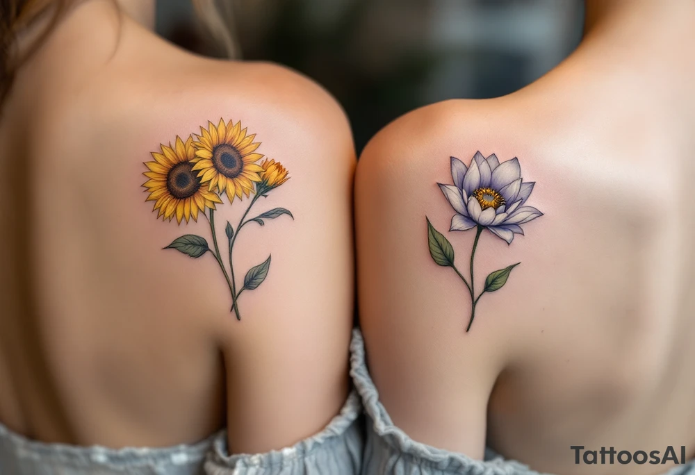 One partner wears a blooming sunflower in vibrant yellow, and the other a moonflower in soft white and lavender, symbolizing love in all seasons. tattoo idea