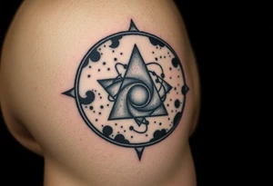 A galaxy themed tattoo, bordered with a oval shaped frame tattoo idea