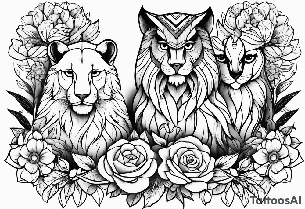 lionesses and an owl with flowers tattoo idea