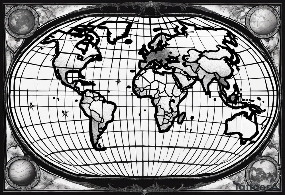 the earth on a flat map with light fading shading placed on a grid with only the lines with accurate depictions of the borders in countries while having it in an oval/circular position on a grid without any borders on the sides tattoo idea
