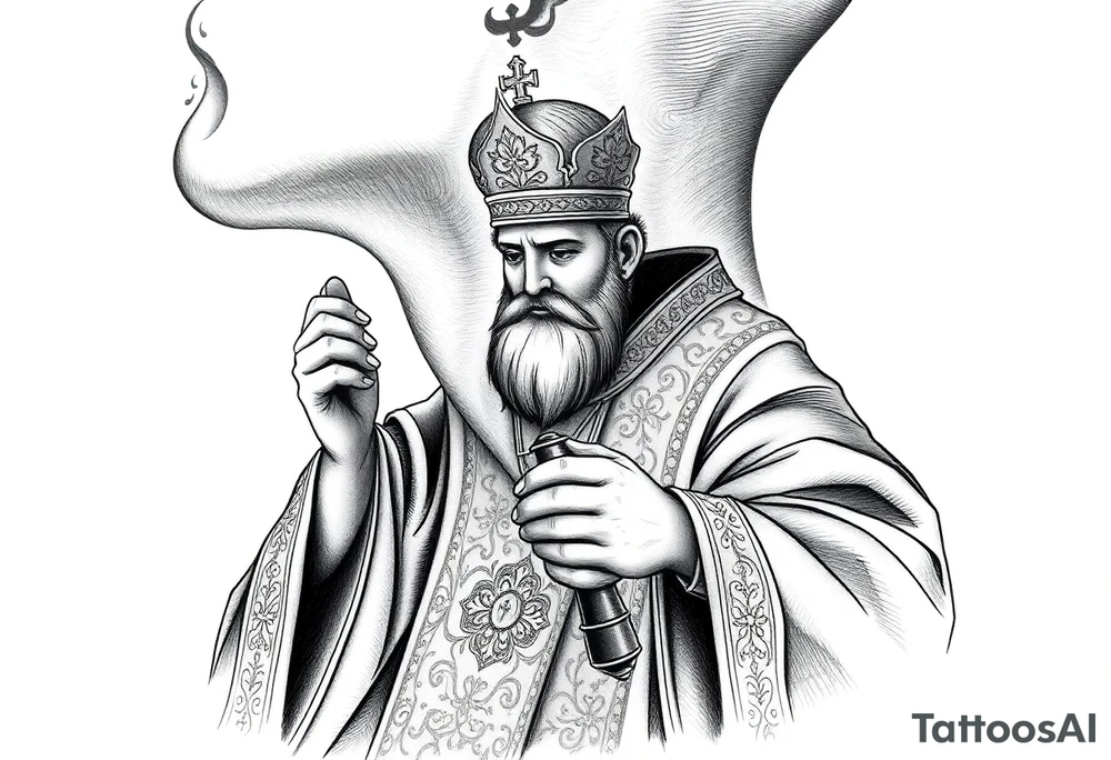 A Russian Orthodox Priest in full gold vestments swinging a censer with smoke curling upward 

The ornate robes give incredible fine line detail
The incense smoke could flow and connect to other elements
It ties directly into the church and Virgin Mary you already have
Very culturally authentic to the overall theme tattoo idea