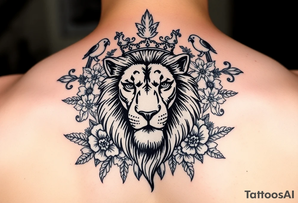 powerful majestic lion with a crown, surrounded by floral ornaments and birds tattoo idea