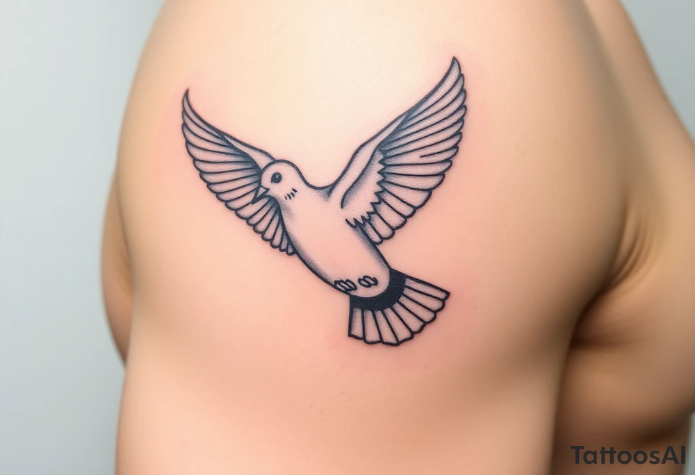A realistic collared dove in flight, wings spread wide with soft gray and white feathers, symbolizing peace and freedom tattoo idea