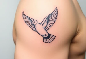 A realistic collared dove in flight, wings spread wide with soft gray and white feathers, symbolizing peace and freedom tattoo idea