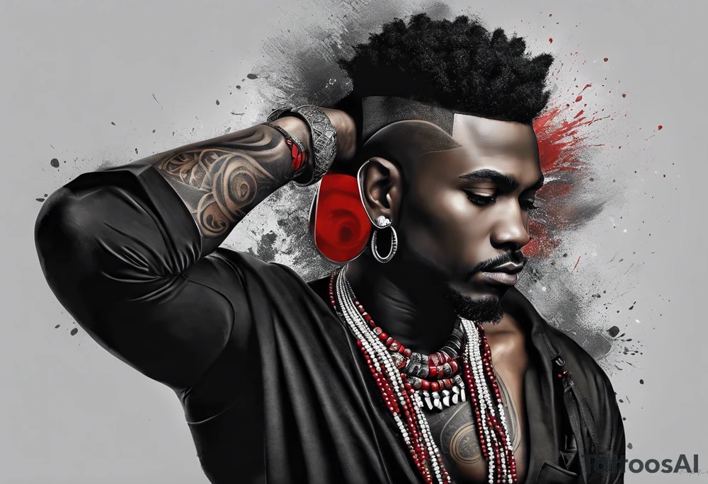 homem divindade africano realista em preto e cinza com os olhos brancos. Fundo da imagem com tons vermelhos. Usando na mão um falo de madeira com cabaças penduradas. tattoo idea