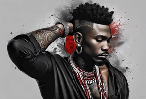 homem divindade africano realista em preto e cinza com os olhos brancos. Fundo da imagem com tons vermelhos. Usando na mão um falo de madeira com cabaças penduradas. tattoo idea