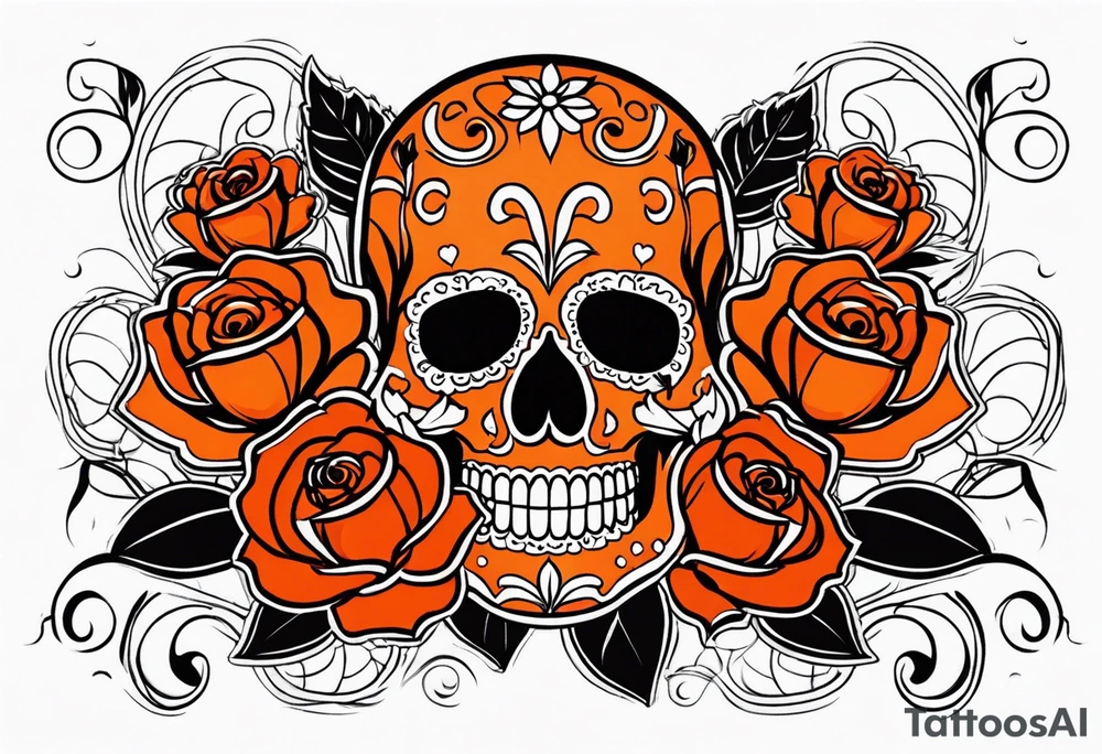 Orange Sugar skull with roses that are orange and red with smoke around it tattoo idea