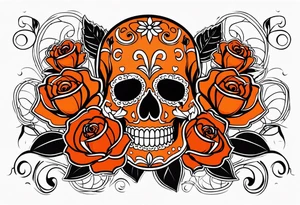 Orange Sugar skull with roses that are orange and red with smoke around it tattoo idea