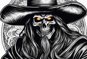 Grim reaper screaming with flames coming out of his eyes and wearing a rustic cowboy hat with a don’t mess with Texas t shirt tattoo idea