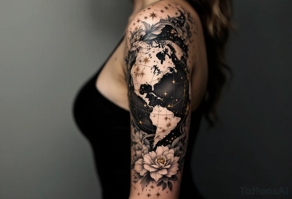 A realistic celestial globe in grayscale features the Libra constellation accented with golden stars. tattoo idea