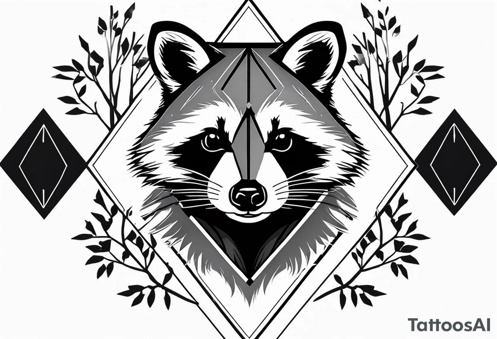 Vertical portrait of raccoon with trees in background shaped like a diamond tattoo idea