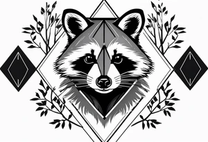Vertical portrait of raccoon with trees in background shaped like a diamond tattoo idea