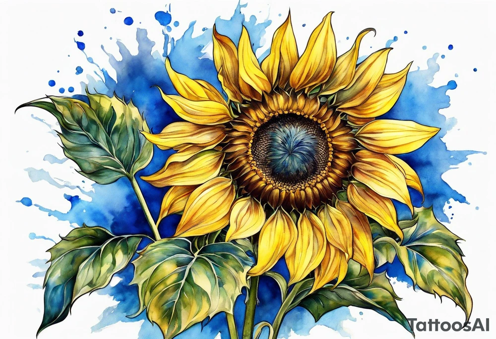 a yellow sunflower bloom with blue highlights tattoo idea