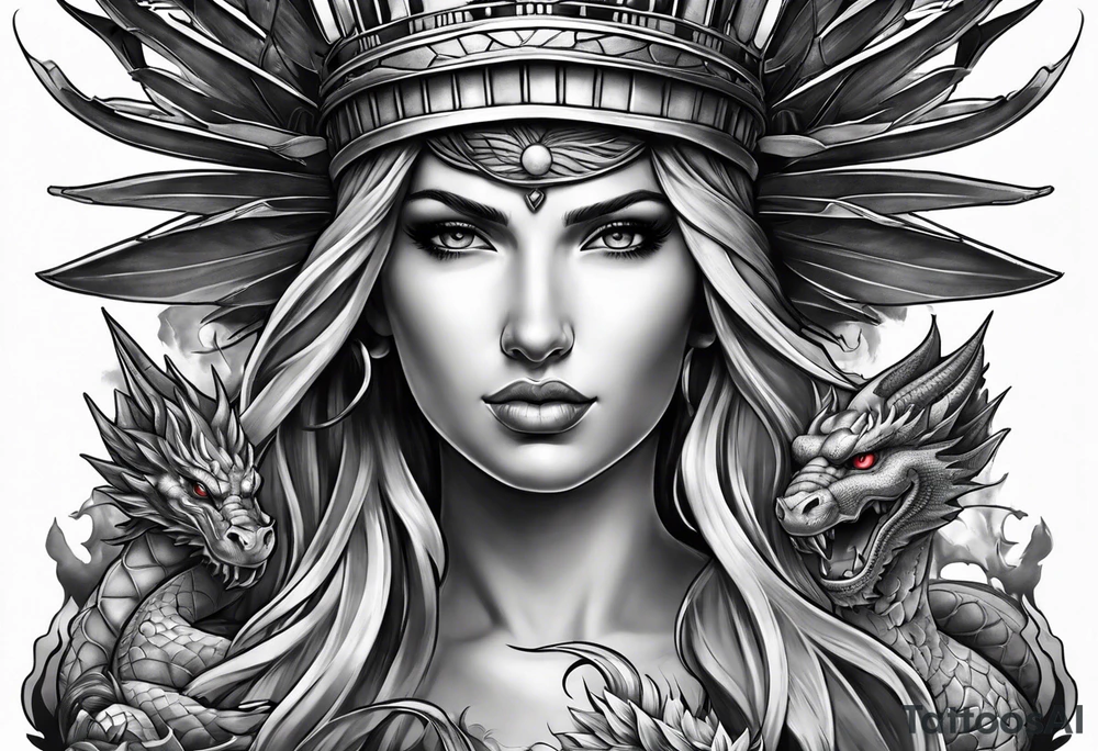 Hot girl as Statue of Liberty with dragon protecting her, full head tattoo idea