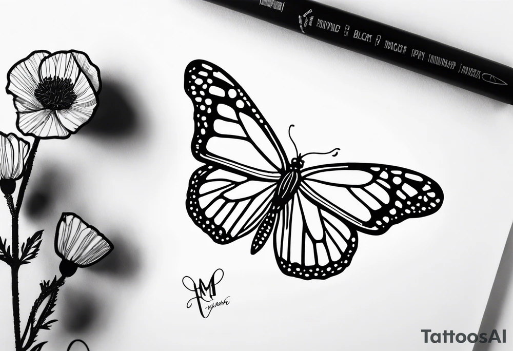 black and white fine line tattoo of a monarch butterfly with poppy flowers exclusively inside the top halves of the wings, featuring minimalistic lines and intricate details, while the bottom halves remain simple. tattoo idea