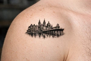 Cityscape silhouette of Amsterdam canal houses and Braga cathedral, with New Brighton pier. tattoo idea