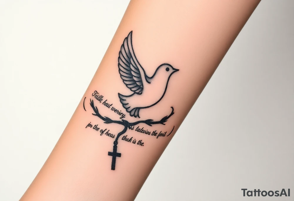 i have a front arm tat with a small dove at the front of the above the wrist and thorns covering through the wrist like a bracelet and prayer beads all throughout the words that say you never know how strong you are until being strong is the only choice you have and a cross on the side of the dove and theres also a dove rat the baxck of thee arm right near the elbow a bigger dove and theres a biggert cross right by that dover too make a tatoo of that and the cross isnt normal its super unique looking and has that cool look too it and detailed tattoo idea