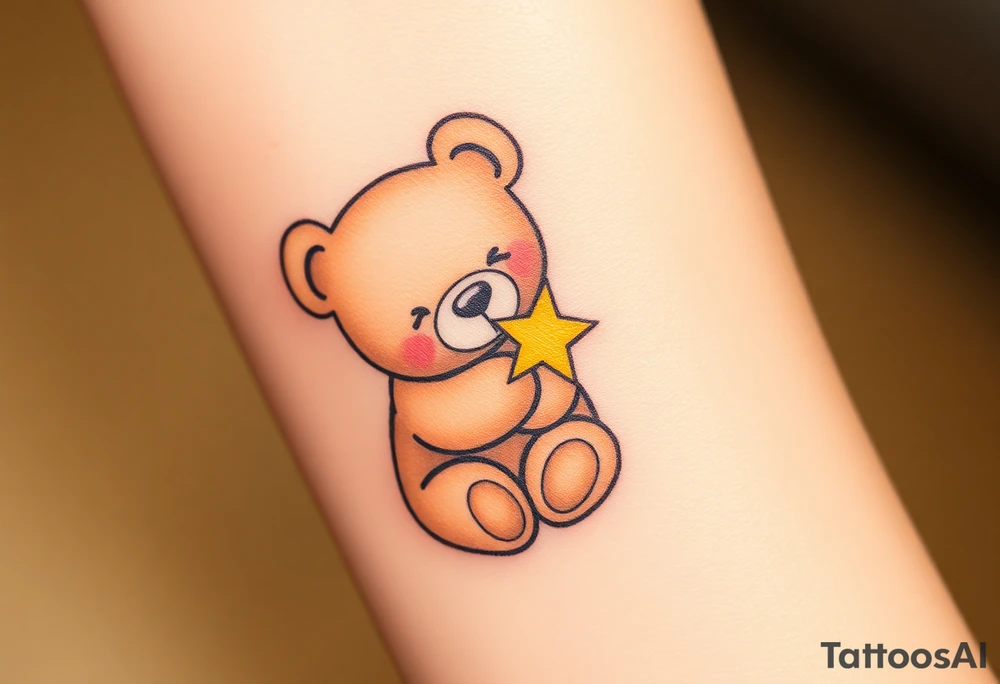 A teddy bear hugging a tiny star, in soft brown and glowing yellow, representing comfort and security. tattoo idea