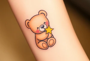 A teddy bear hugging a tiny star, in soft brown and glowing yellow, representing comfort and security. tattoo idea